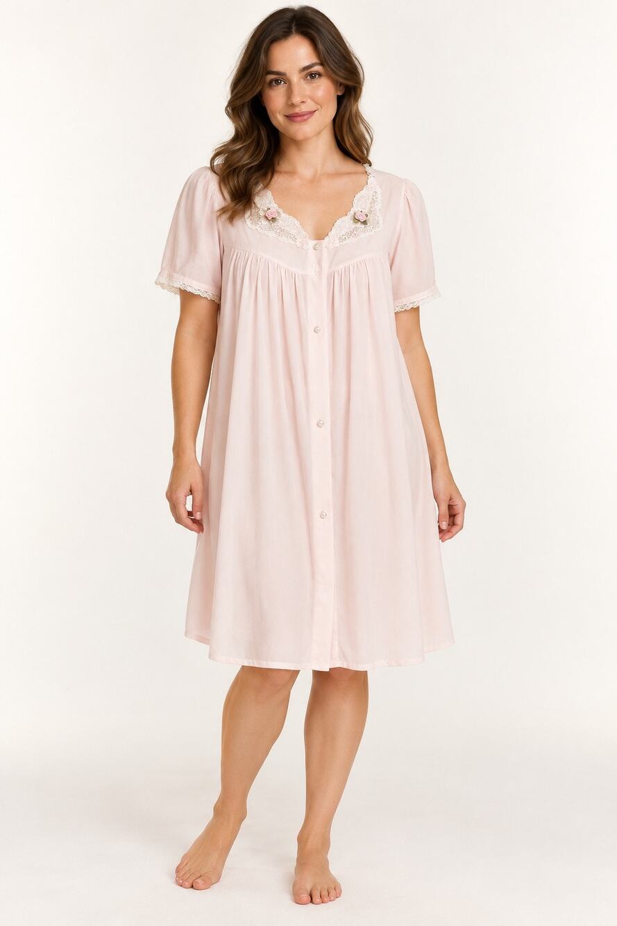 Vintage Lorraine Pink Nylon Lace Rose Nightgown Robe Size Medium